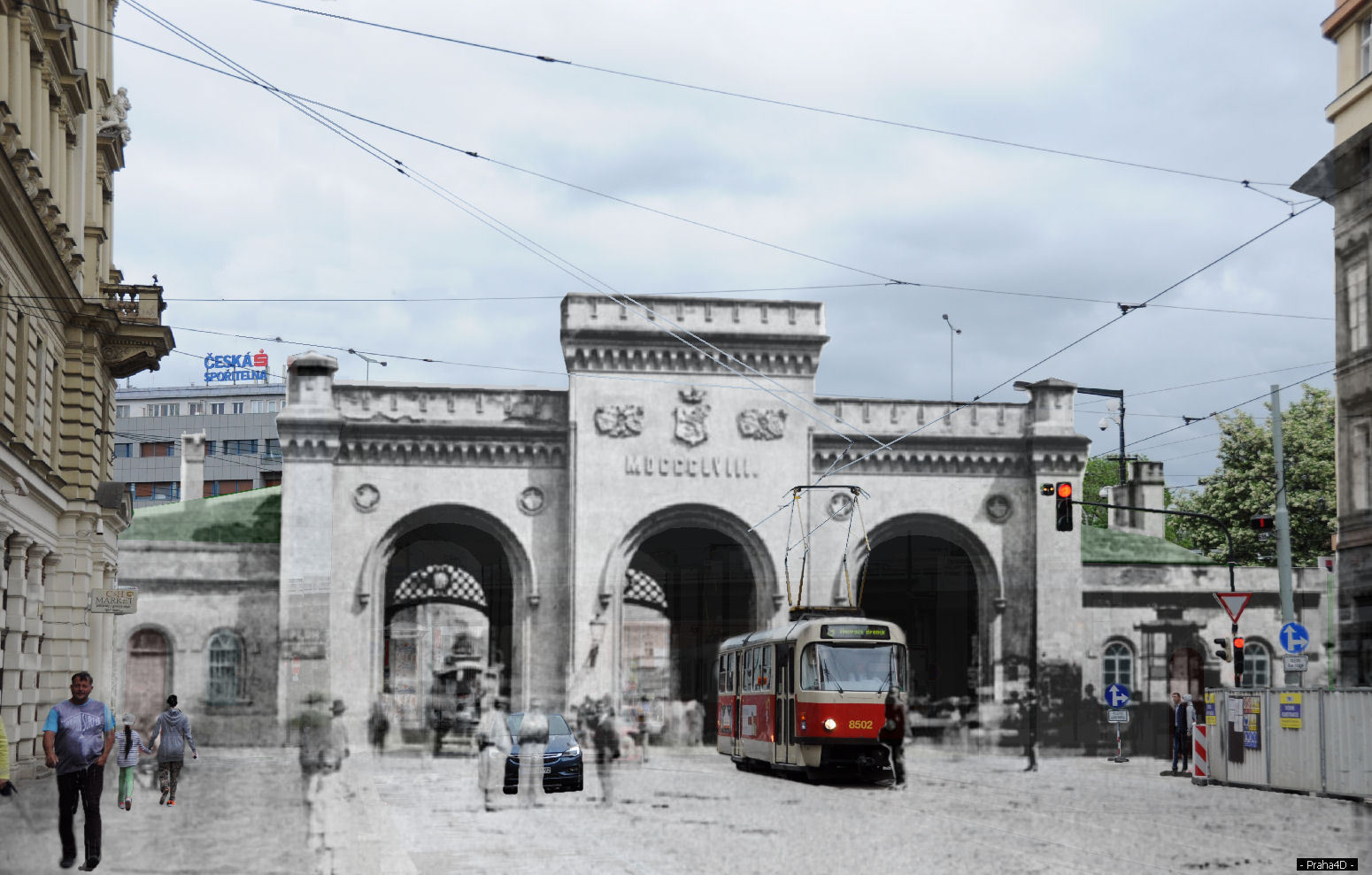 Poříčská brána – kombinace se starou fotografií (K. Pták, 1873)