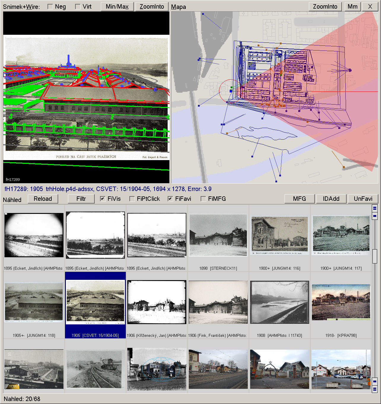 Kontrola zákrytu modelu s georeferencovanou fotografií.<br><small>Fotografie převzata z časopisu <i>Český svět, ilustrovaný týdeník, 1904-1929, Hipman, K. (Ed.)</i></small>.